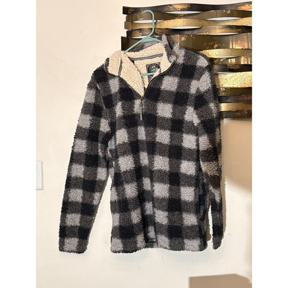 Cabin Fever By Ramatex Sherpa Quarter Zip Men's Small Black White Plaid Fleece - Picture 1 of 10
